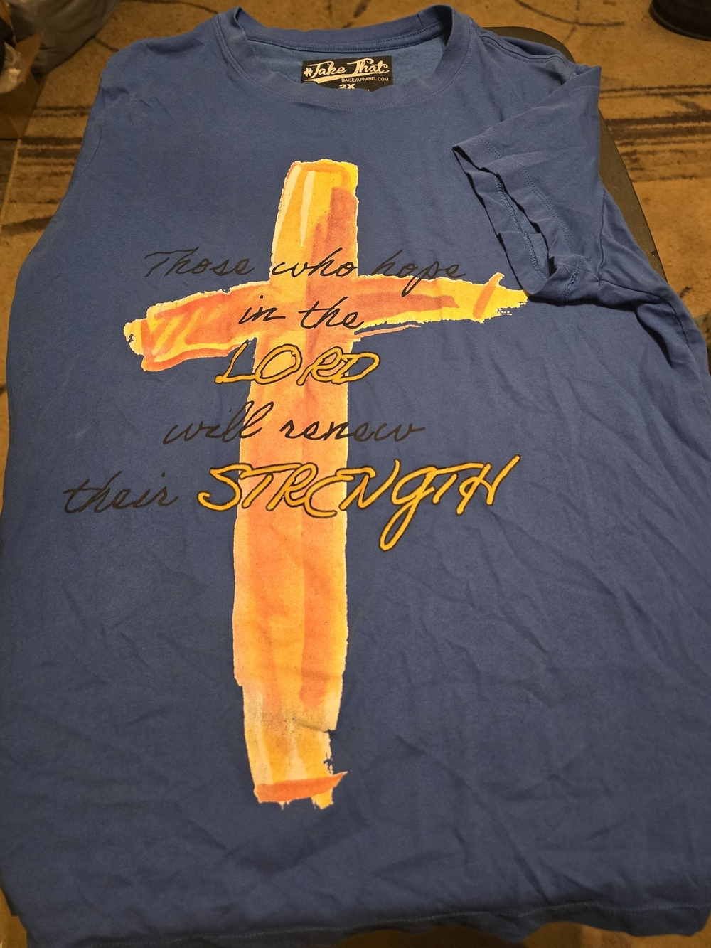 Blue Graphic Tee with Orange Cross Print